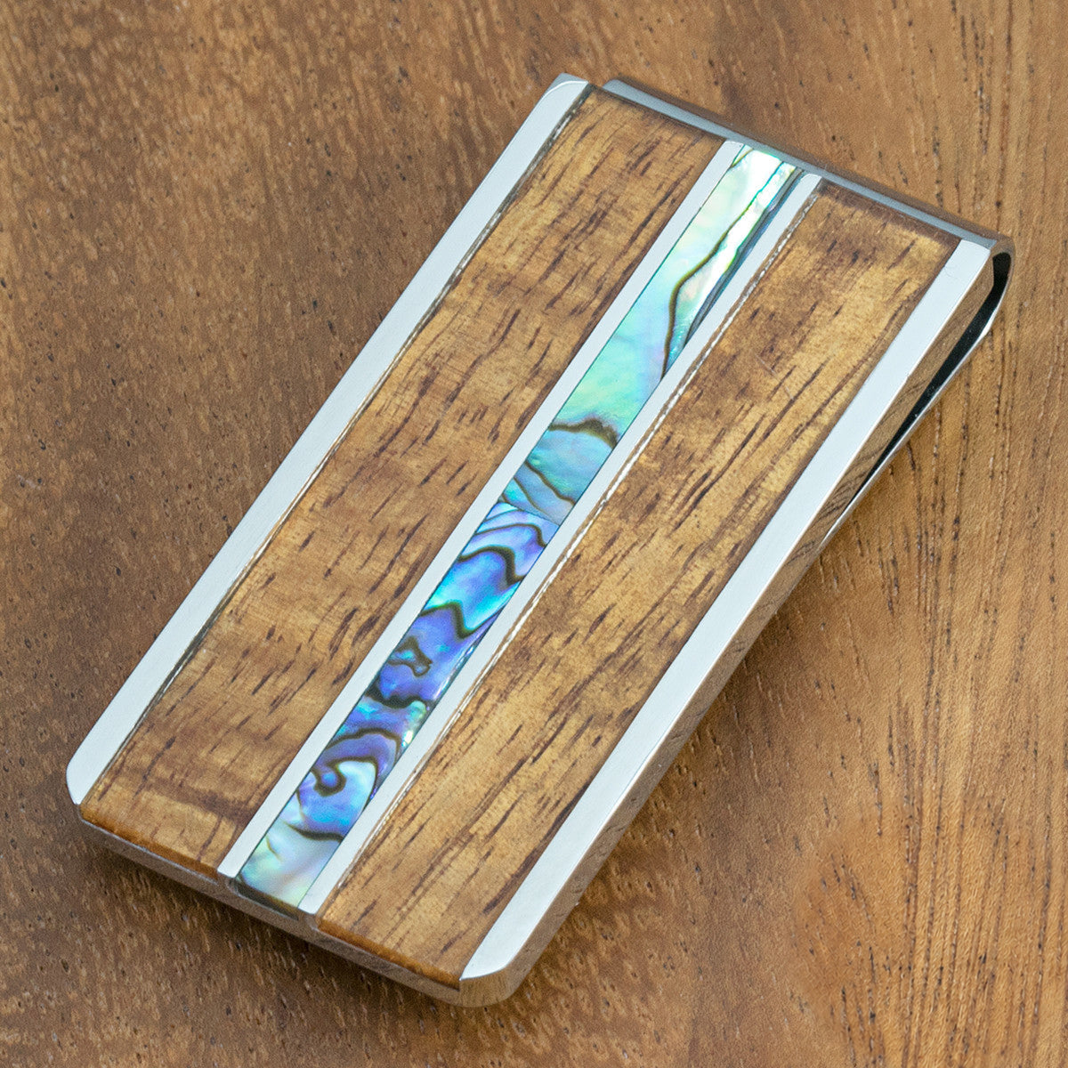 Stainless Steel Money Clip wth Abalone Shell & Koa Wood Tri-Inlay