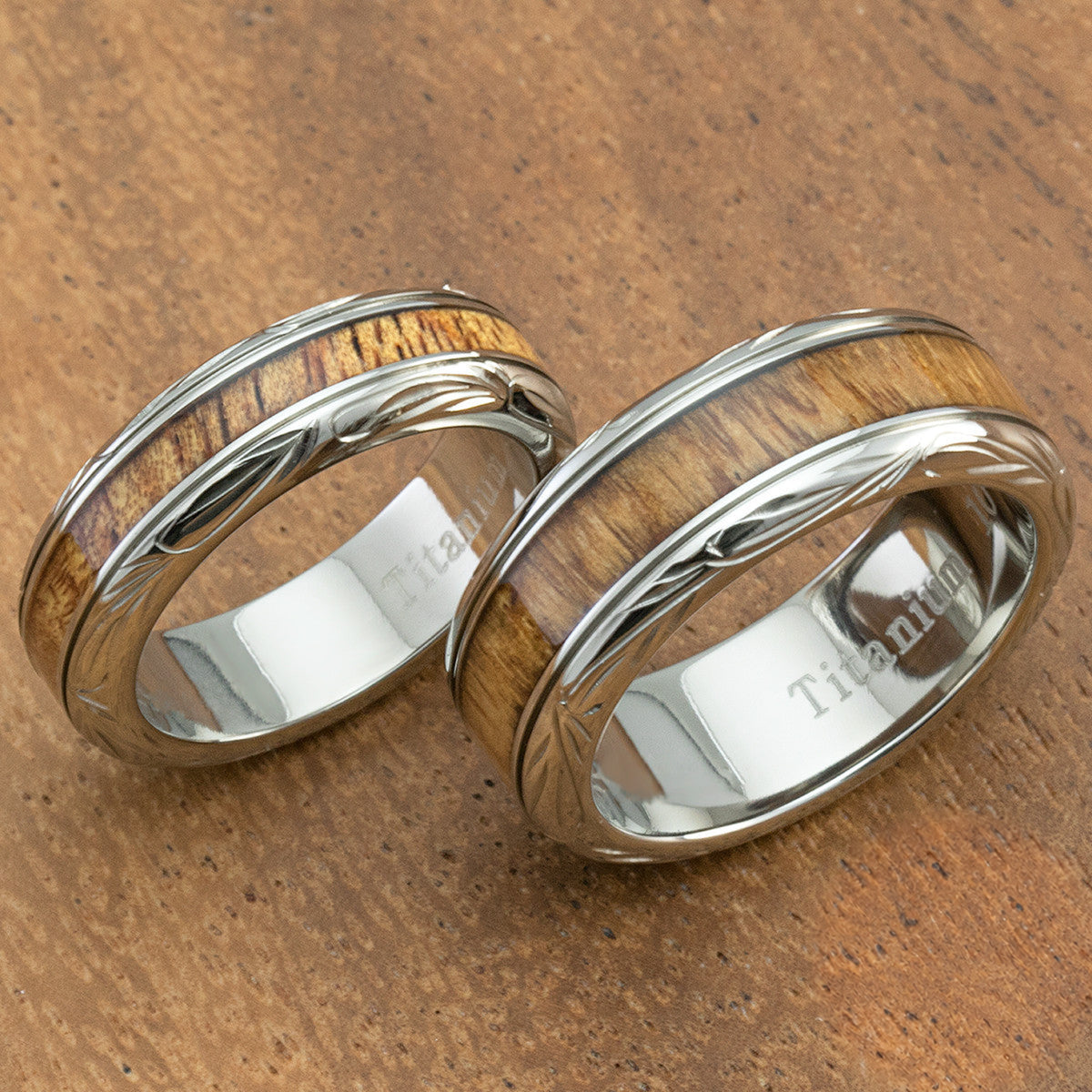 Pair of Hand Engraved Titanium Couple/Wedding Ring with Hawaiian Koa Wood Inlay - 6&8mm, Dome Shape, Comfort Fitment