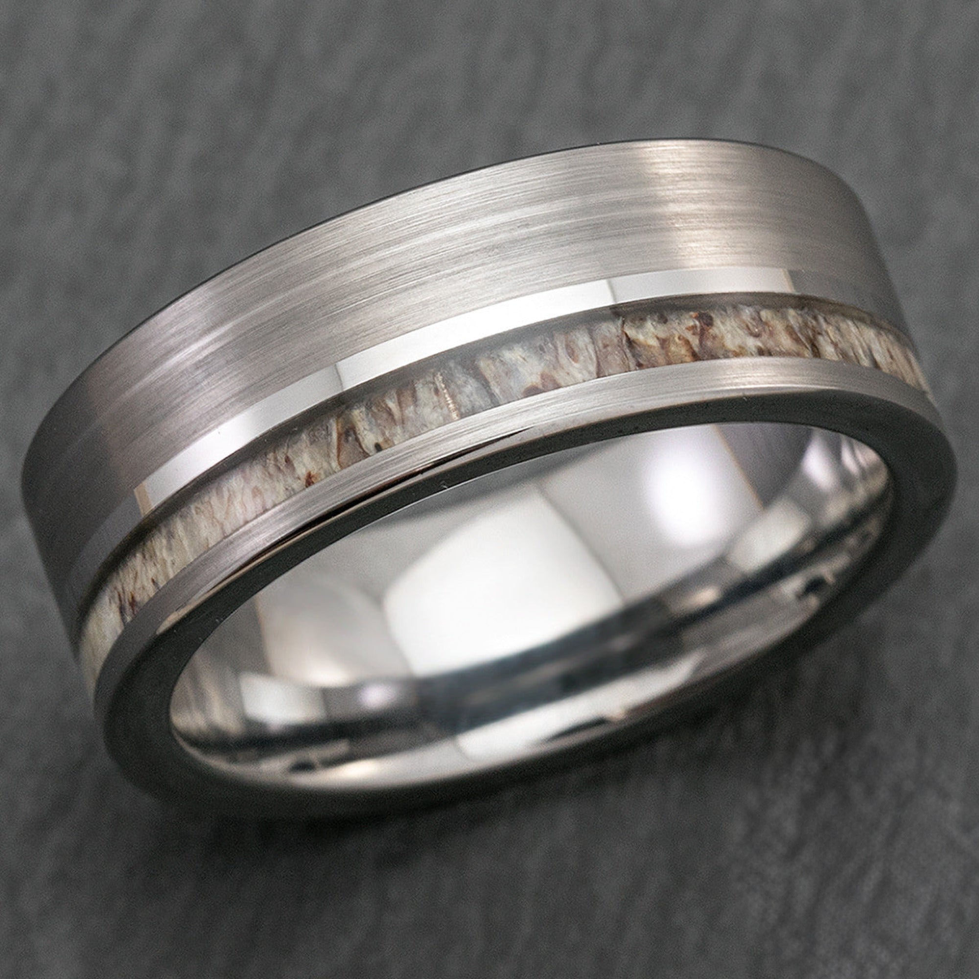 Tungsten Carbide Brush Finish Ring with Offset Antler Inlay - 8mm, Flat Shape, Comfort Fitment