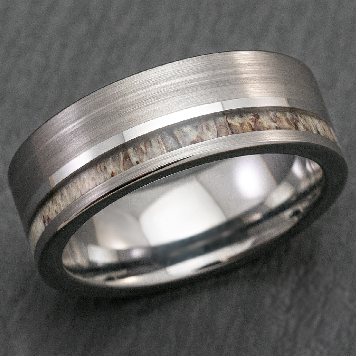 Tungsten Carbide Brush Finish Ring with Offset Antler Inlay - 8mm, Flat Shape, Comfort Fitment