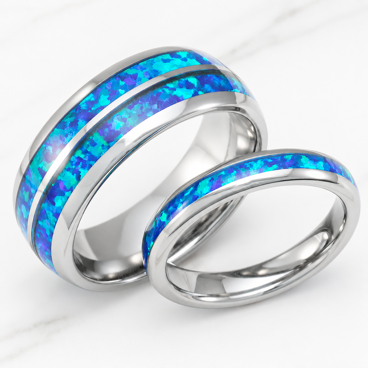 Pair of  3 & 8mm assorted Tungsten Carbide Rings with Blue Opal Inlay