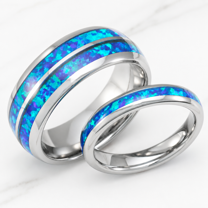 Pair of  3 & 8mm assorted Tungsten Carbide Rings with Blue Opal Inlay