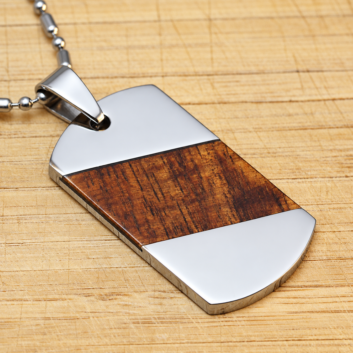 Stainless Steel Dog Tag Pendant with Slanted Koa Wood Inlay - 2.75"L x 1.37"W, Free Stainless Steel Chain