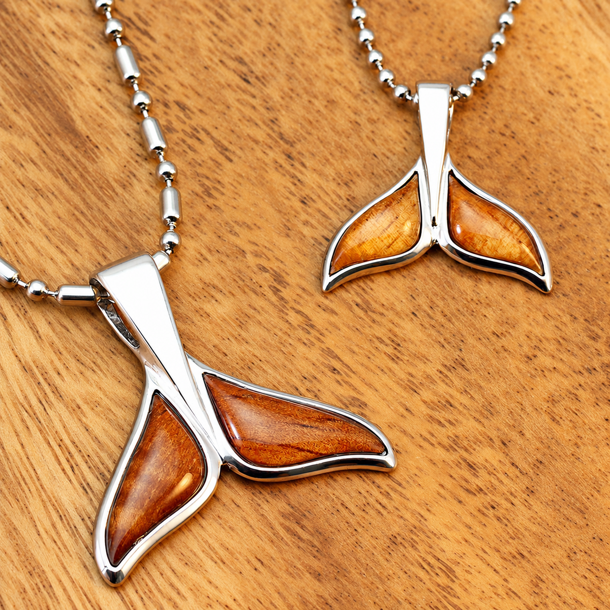 Set of Silver Whale Tale Pendants with Koa Wood Inlay (Chain Included)