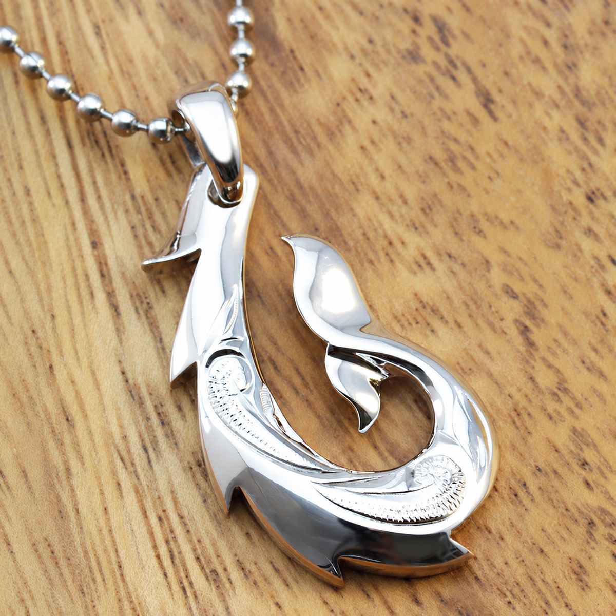 925 Silver Fish Hook Pendant with Hand Engraved Hawaiian Scroll Design, alternate view