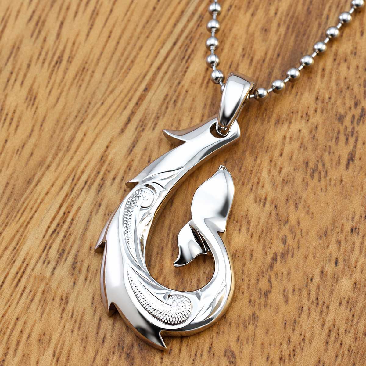 925 Silver Fish Hook Pendant with Hand Engraved Hawaiian Scroll Design, alternate view
