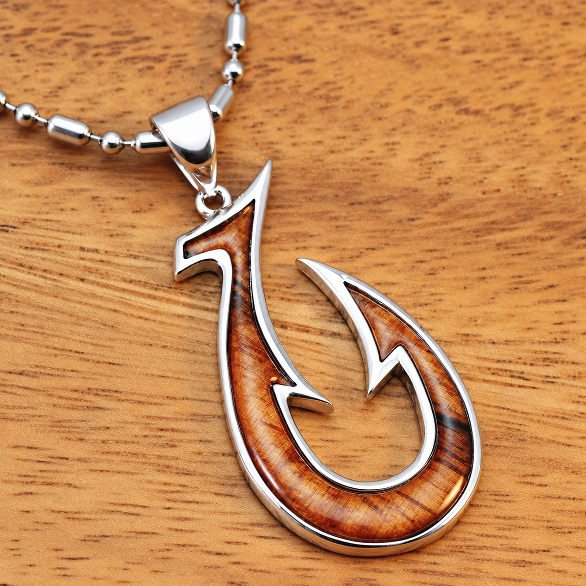 Sterling Silver Fish Hook Pendant with Hawaiian Koa Wood Inlay
