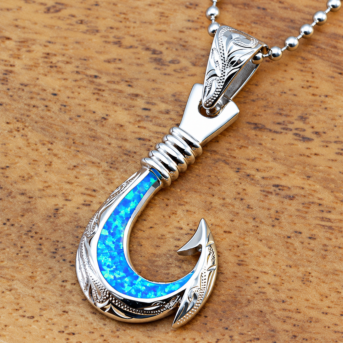 Sterling Silver Hawaiian Fish Hook Pendant with Opal Inlay