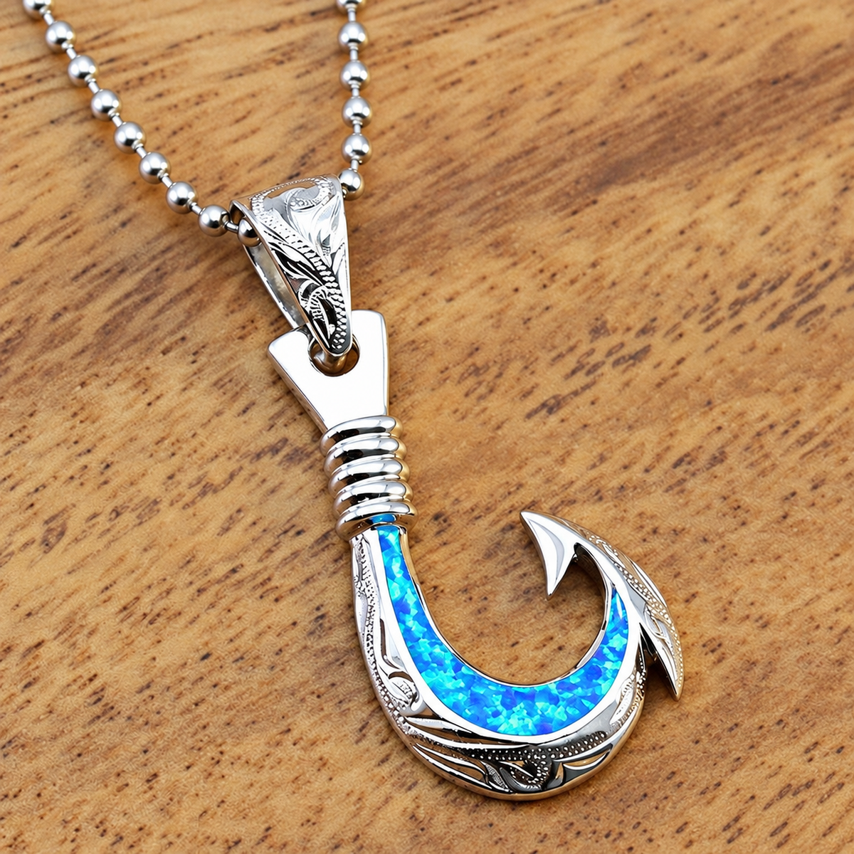 Sterling Silver Hawaiian Fish Hook Pendant with Opal Inlay, alternate view