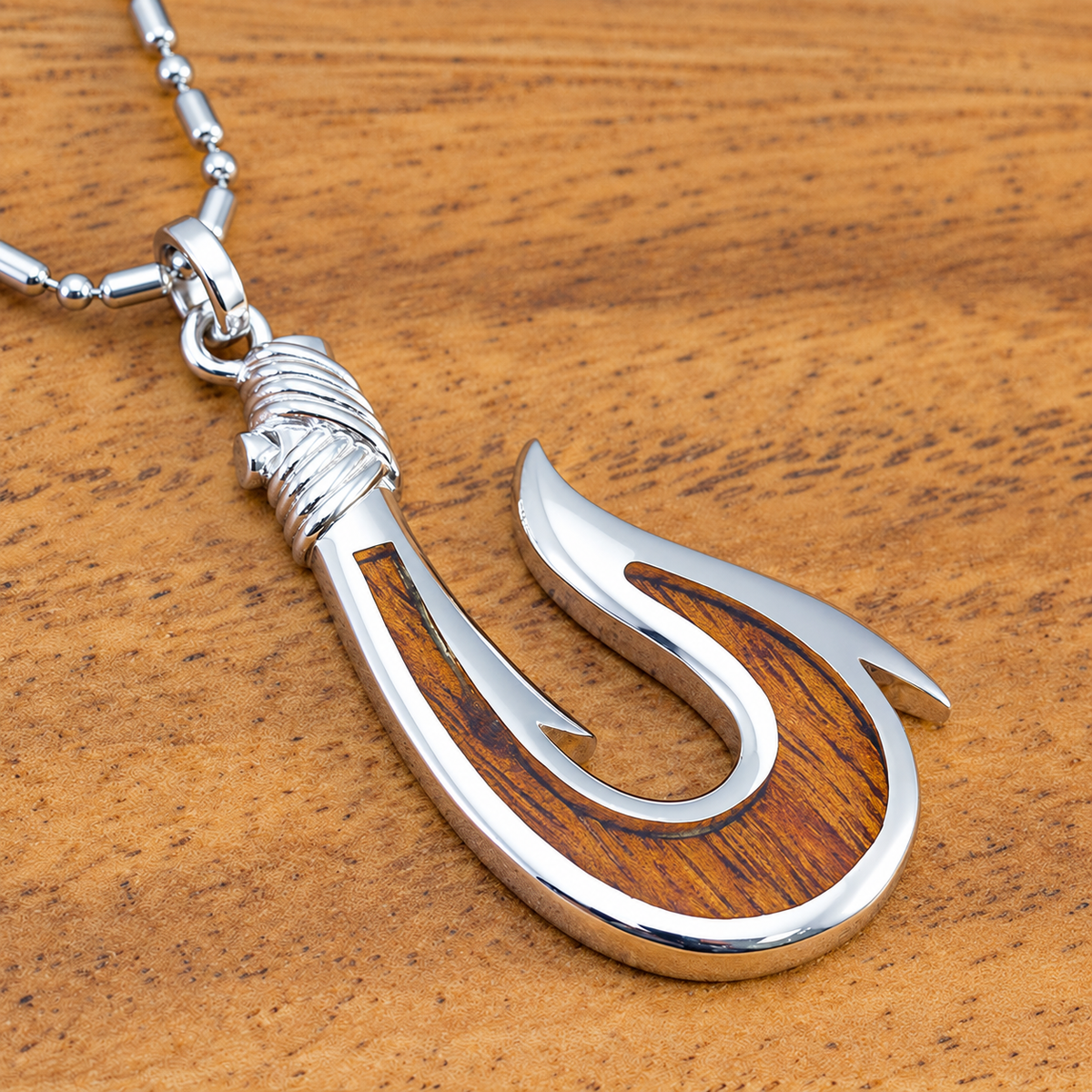 Sterling Silver Masculine Hawaiian Fish Hook 'Makau' Necklace with Hawaiian Koa Wood Inlay (Chain Included)