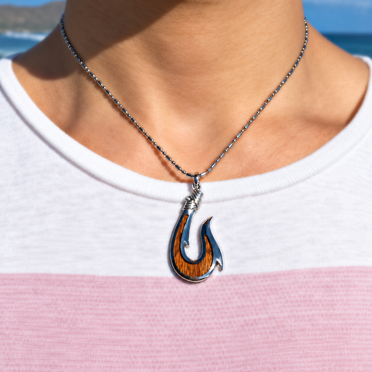Sterling Silver Masculine Hawaiian Fish Hook 'Makau' Necklace with Hawaiian Koa Wood Inlay (Chain Included), alternate view