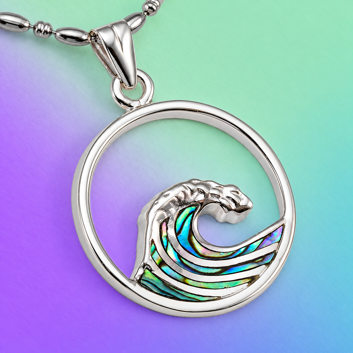 925 Sterling Silver Ocean Wave Pendant with Abalone Pau'a Shell Inlay (Chain Included)