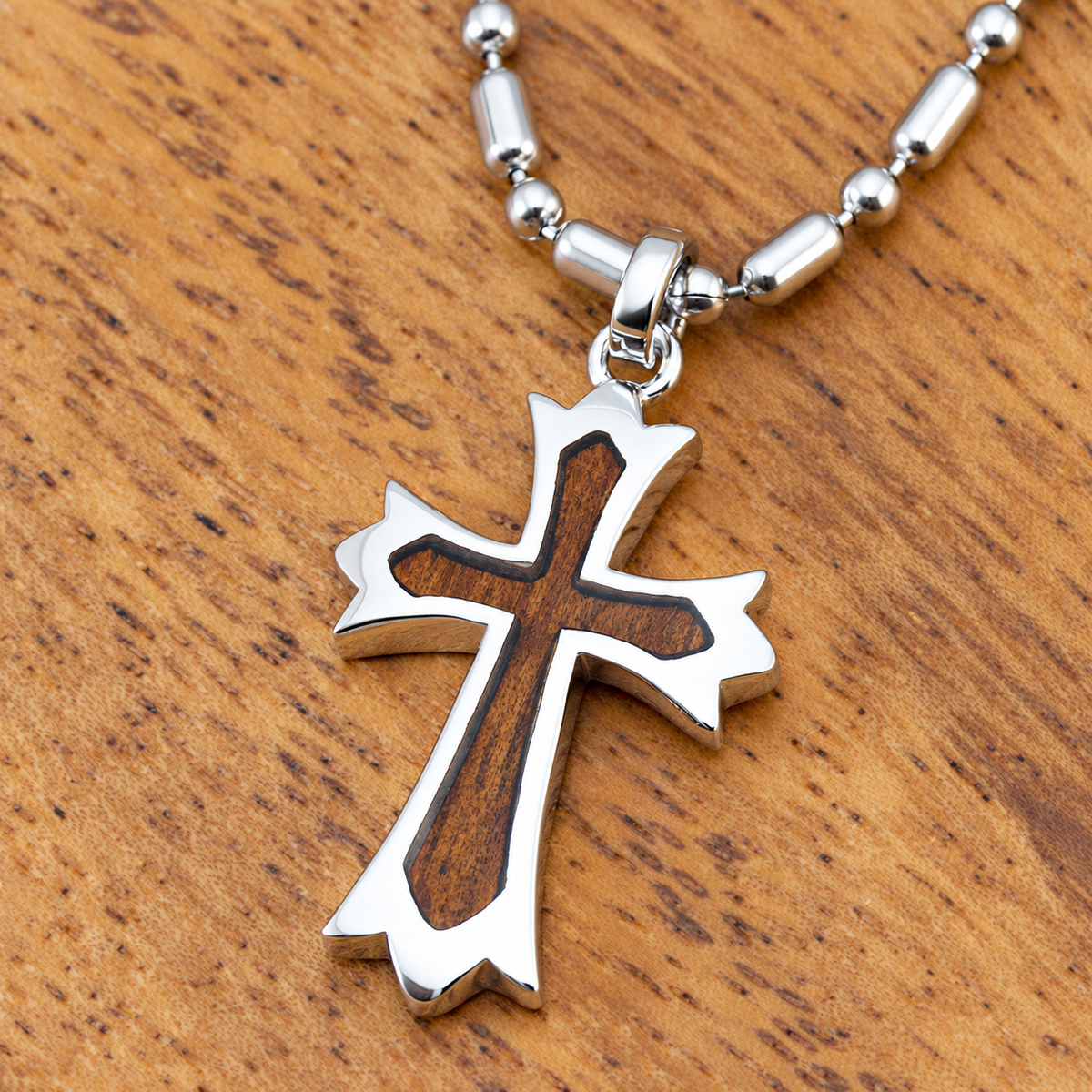 Sterling Silver Small Cross Pendant with Koa Wood Inlay