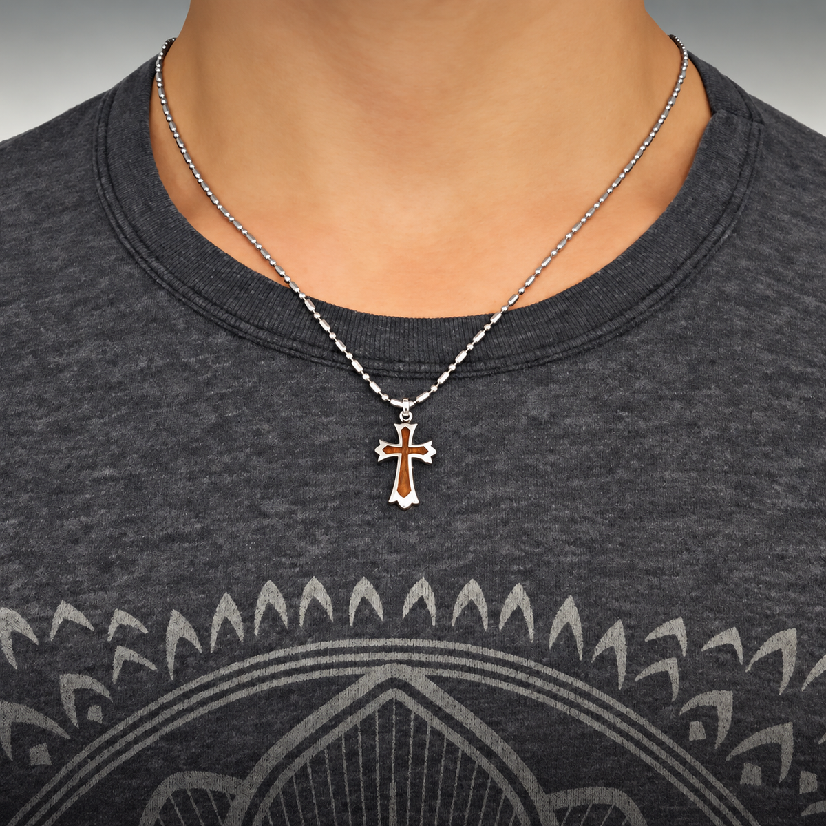 Sterling Silver Small Cross Pendant with Koa Wood Inlay, alternate view