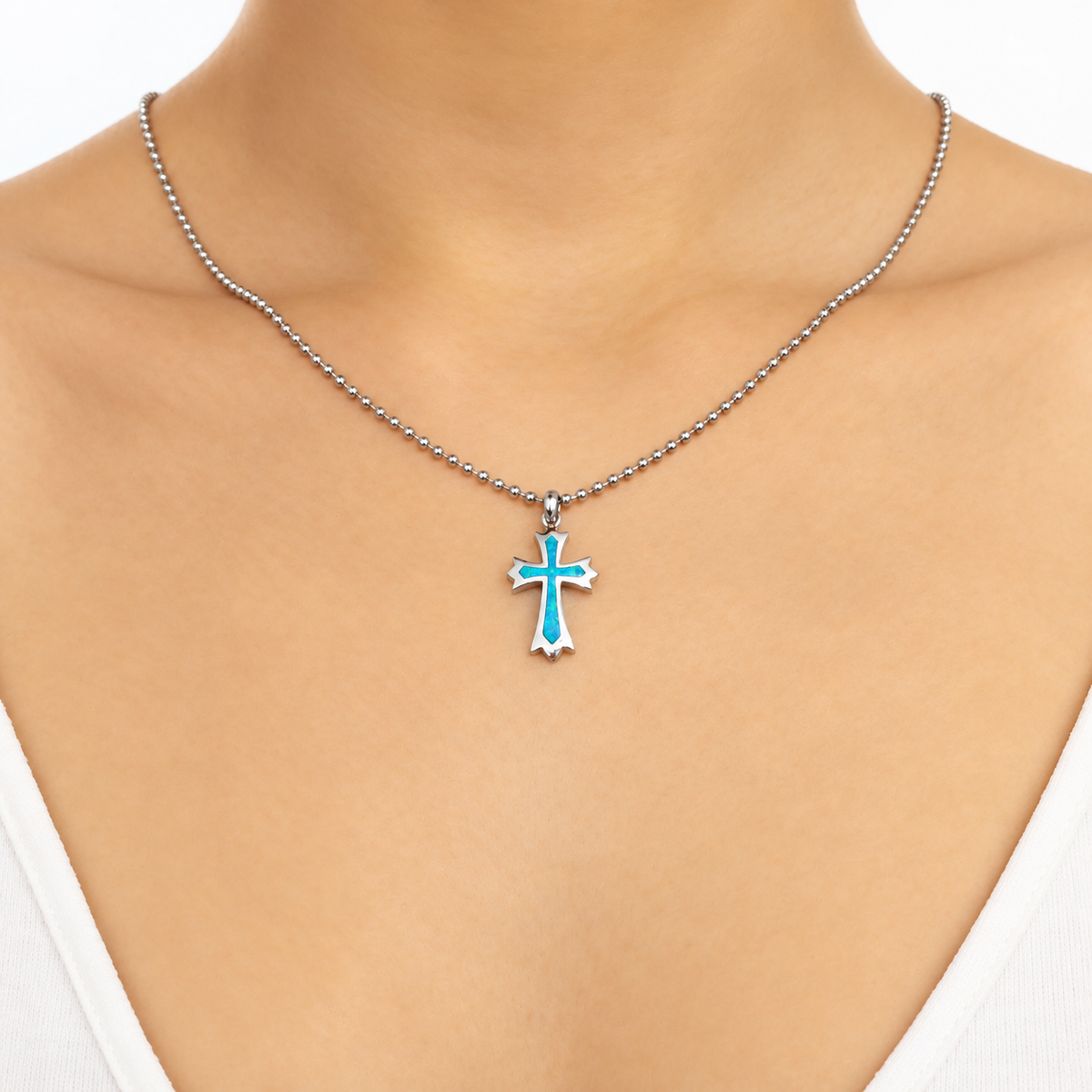 Sterling Silver Cross Pendant with Blue Opal Inlay, alternate view