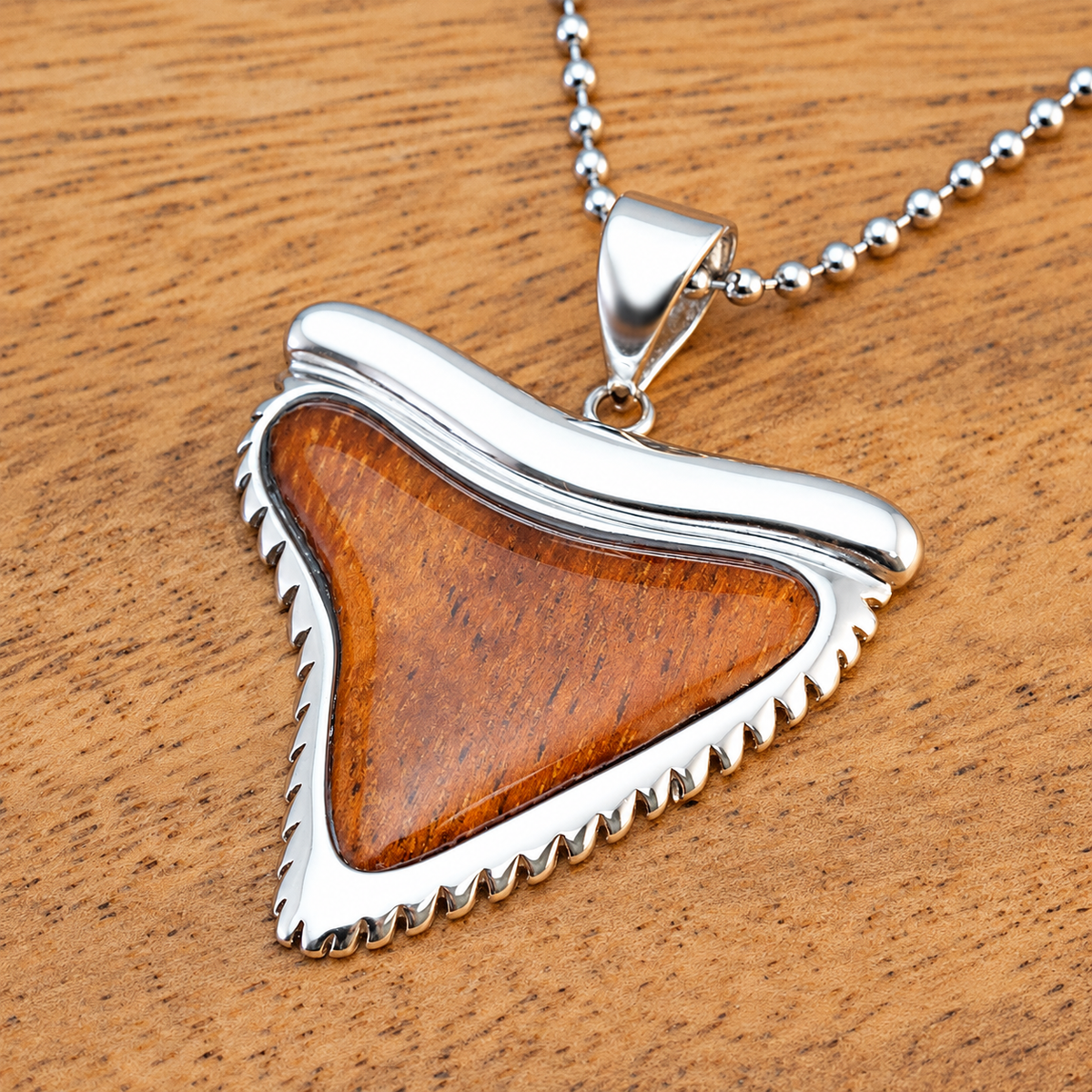 925 Sterling Silver Shark 'Mano' Tooth Pendant with Hawaiian Koa Wood Inlay, alternate view