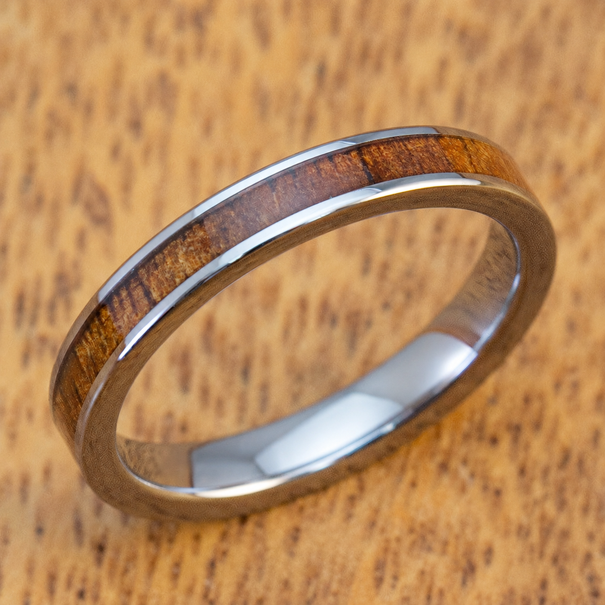 Petite tungsten carbide ring with Hawaiian koa wood inlay