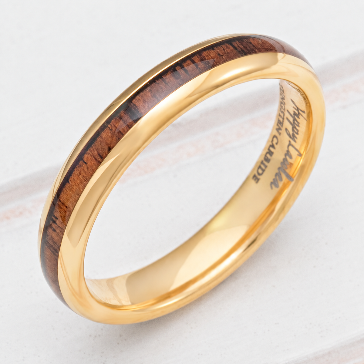 Petite yellow-gold-tone tungsten ring with Hawaiian koa wood inlay