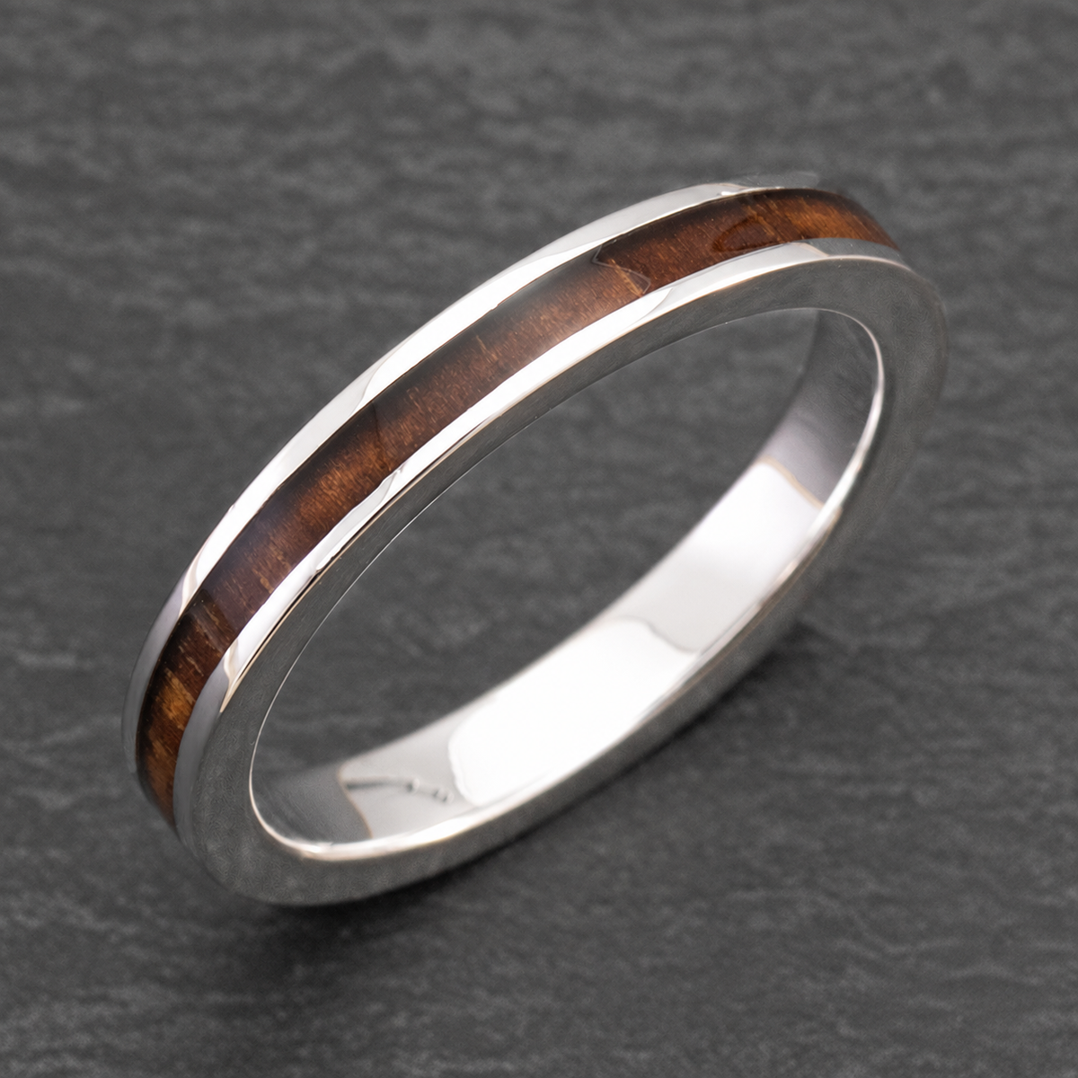 Platinum 3mm ring with Hawaiian koa wood inlay