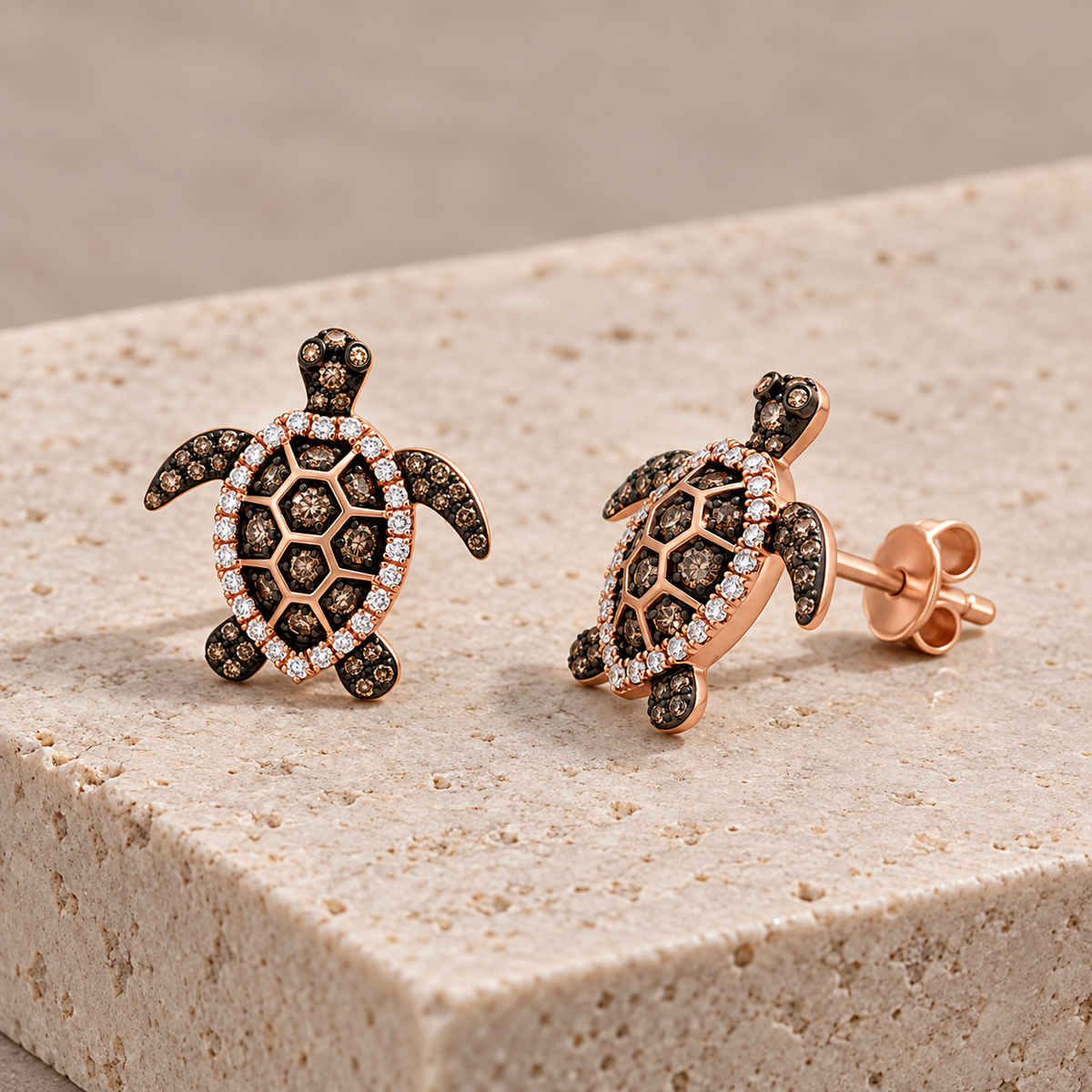 Rose gold chocolate diamond turtle stud earrings, alternate angle
