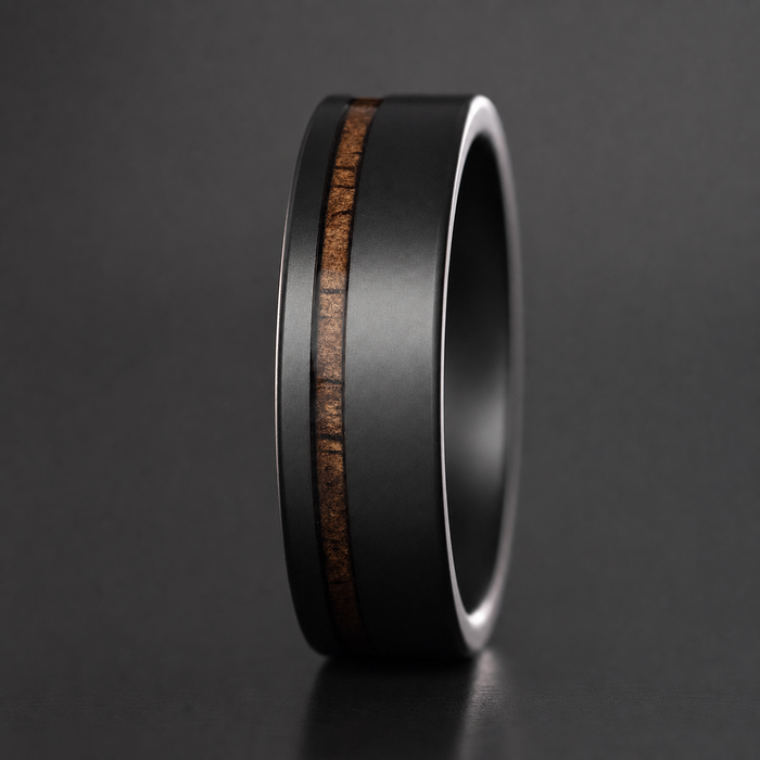 Black Titanium Sand Blast Matte Ring [7mm width] Hawai'i Koa Wood