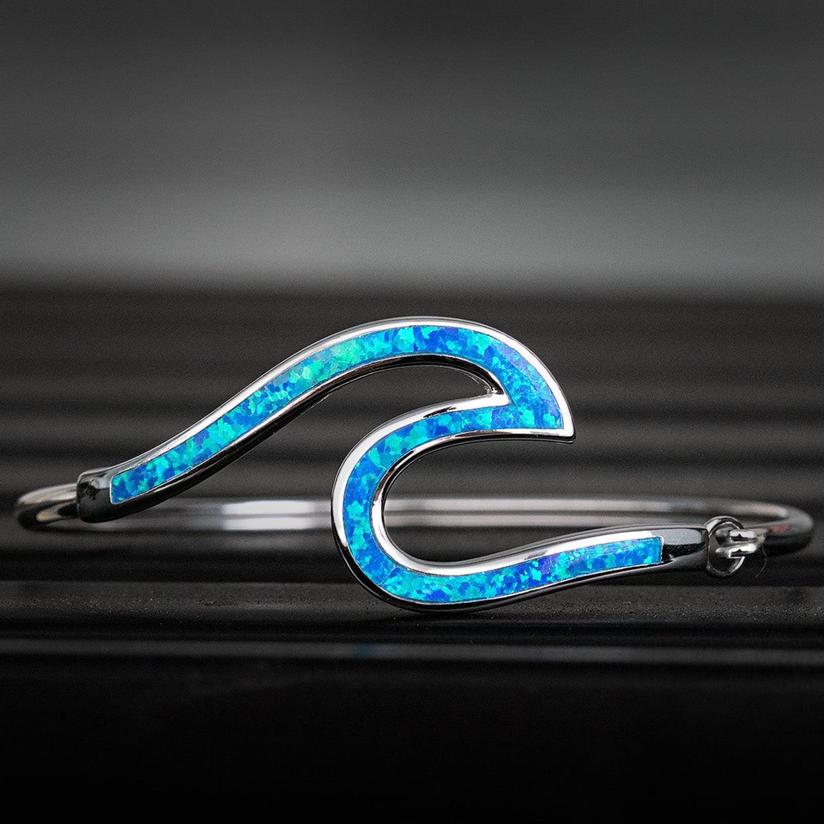 Ocean Wave Sterling Silver Hinge Bracelet with Blue Opal Inlay