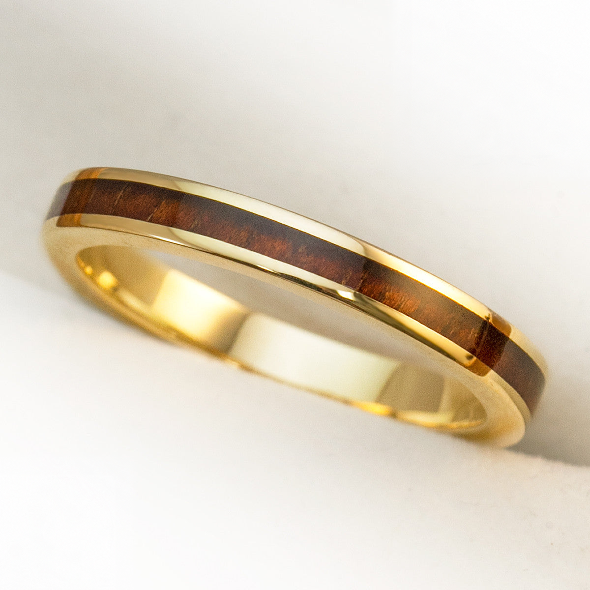 3mm solid gold ring with Hawaiian koa wood inlay