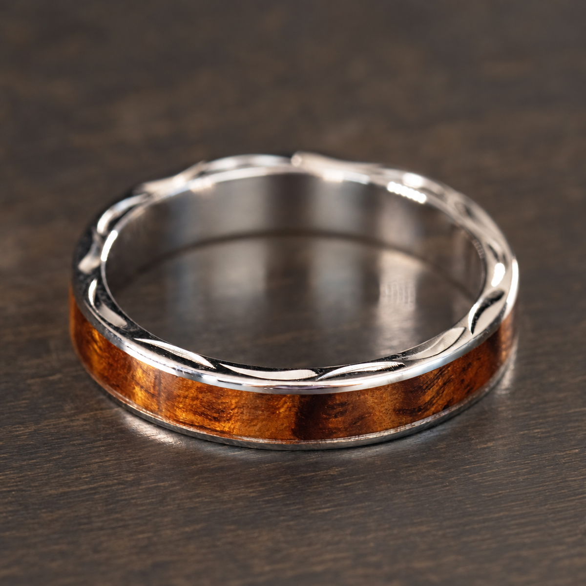 Sterling silver 4mm ring with Hawaiian koa wood inlay