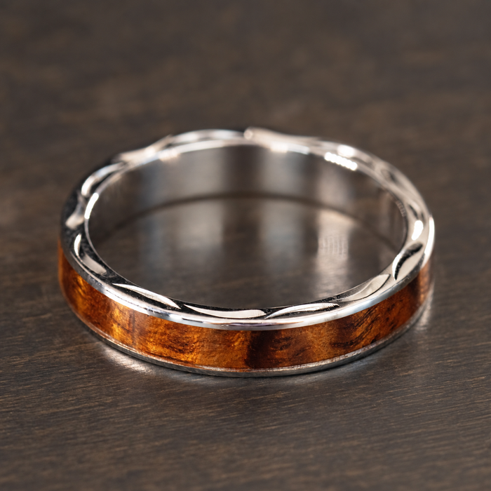 Sterling silver 4mm ring with Hawaiian koa wood inlay
