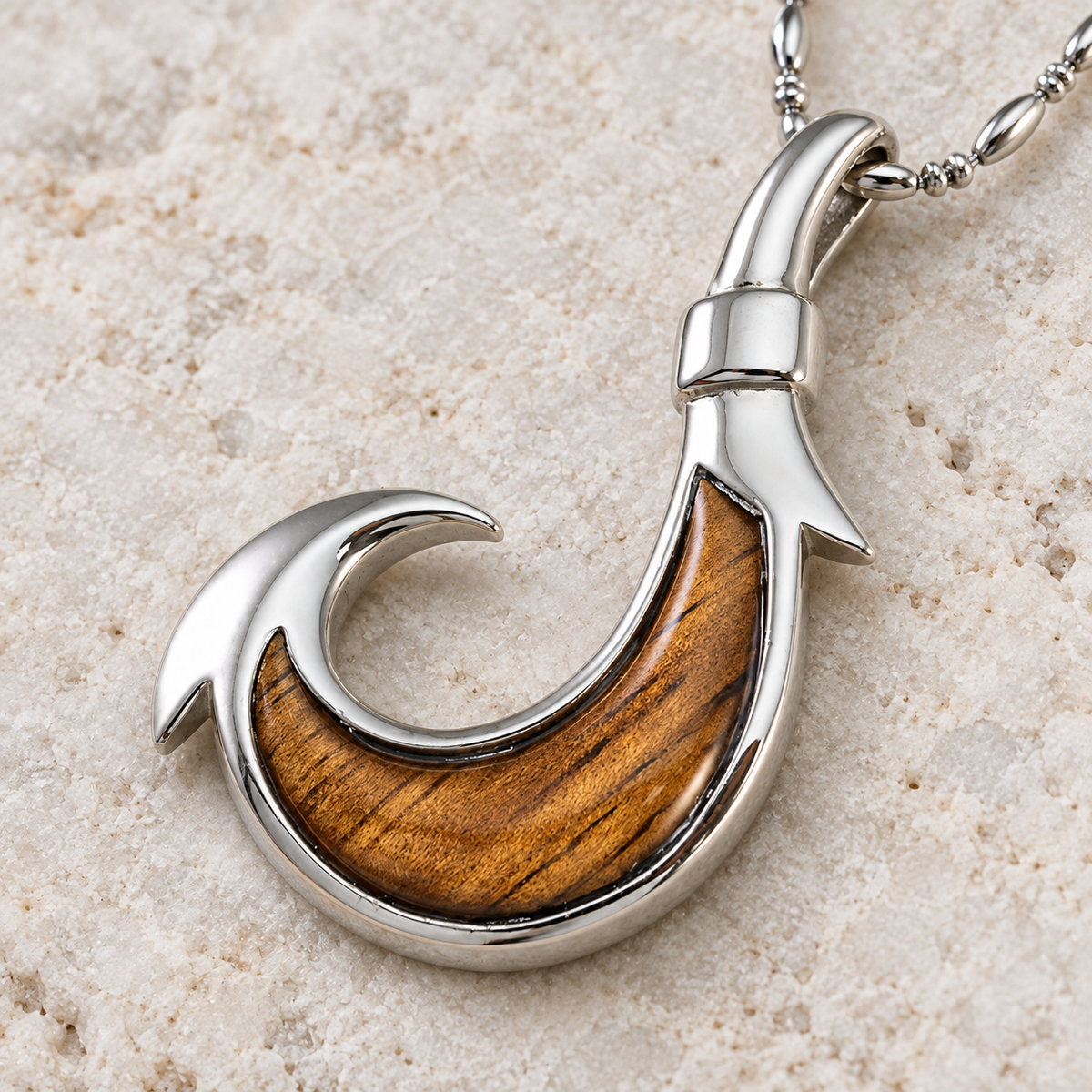 Sterling silver fish hook pendant with koa wood inlay, alternate angle