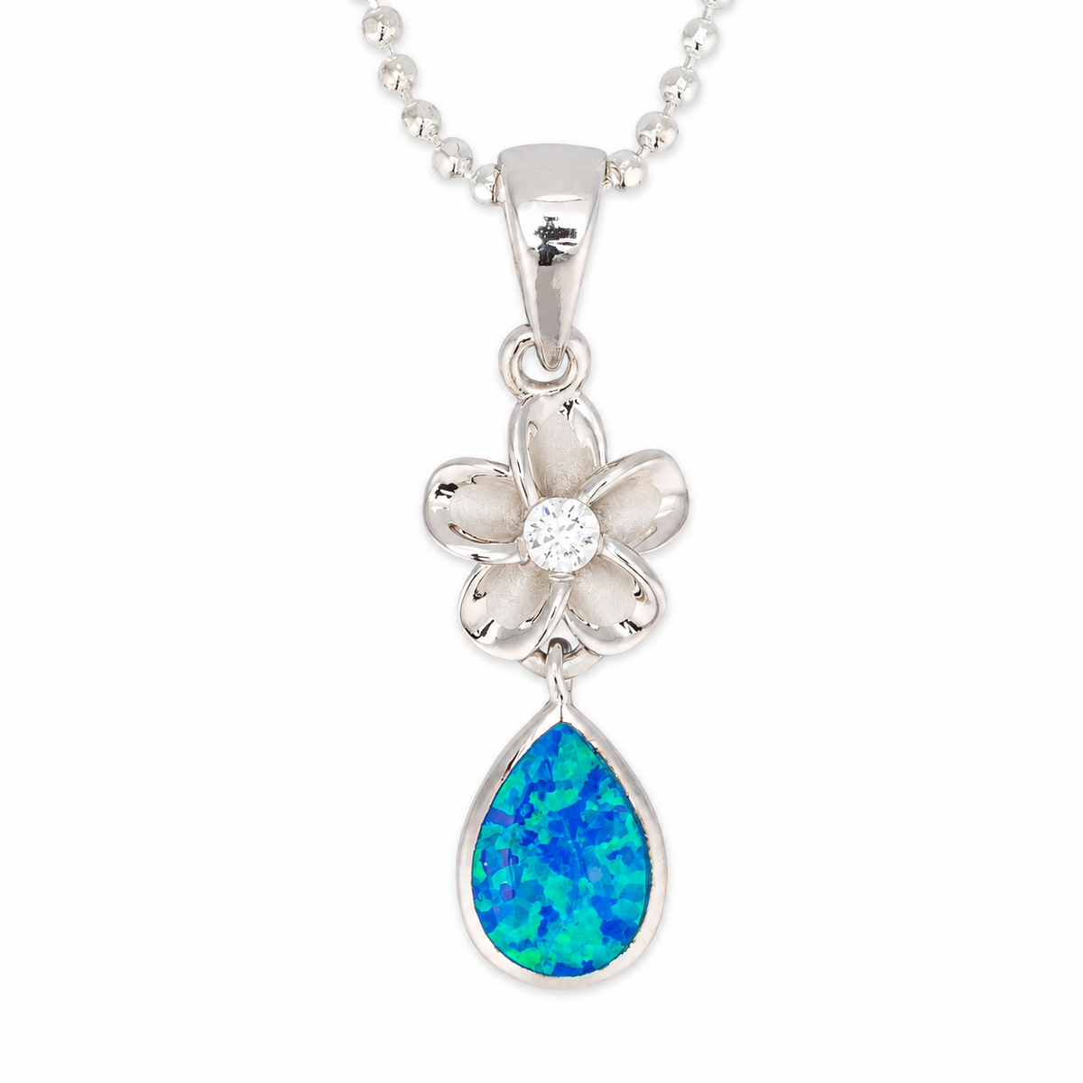 Sterling silver plumeria teardrop pendant with blue opal