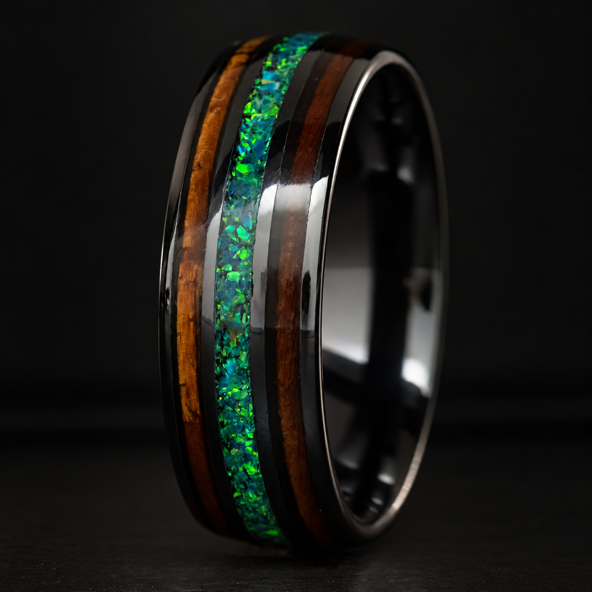 The Aina black ceramic ring with green opal and Hawaiian koa wood