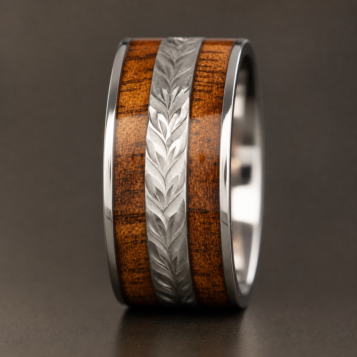 Titanium Maile Chevron Ring [12mm width] Hawai'i Koa Wood