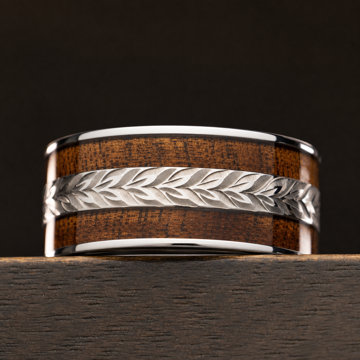 Titanium Maile Chevron Ring [12mm width] Hawai'i Koa Wood