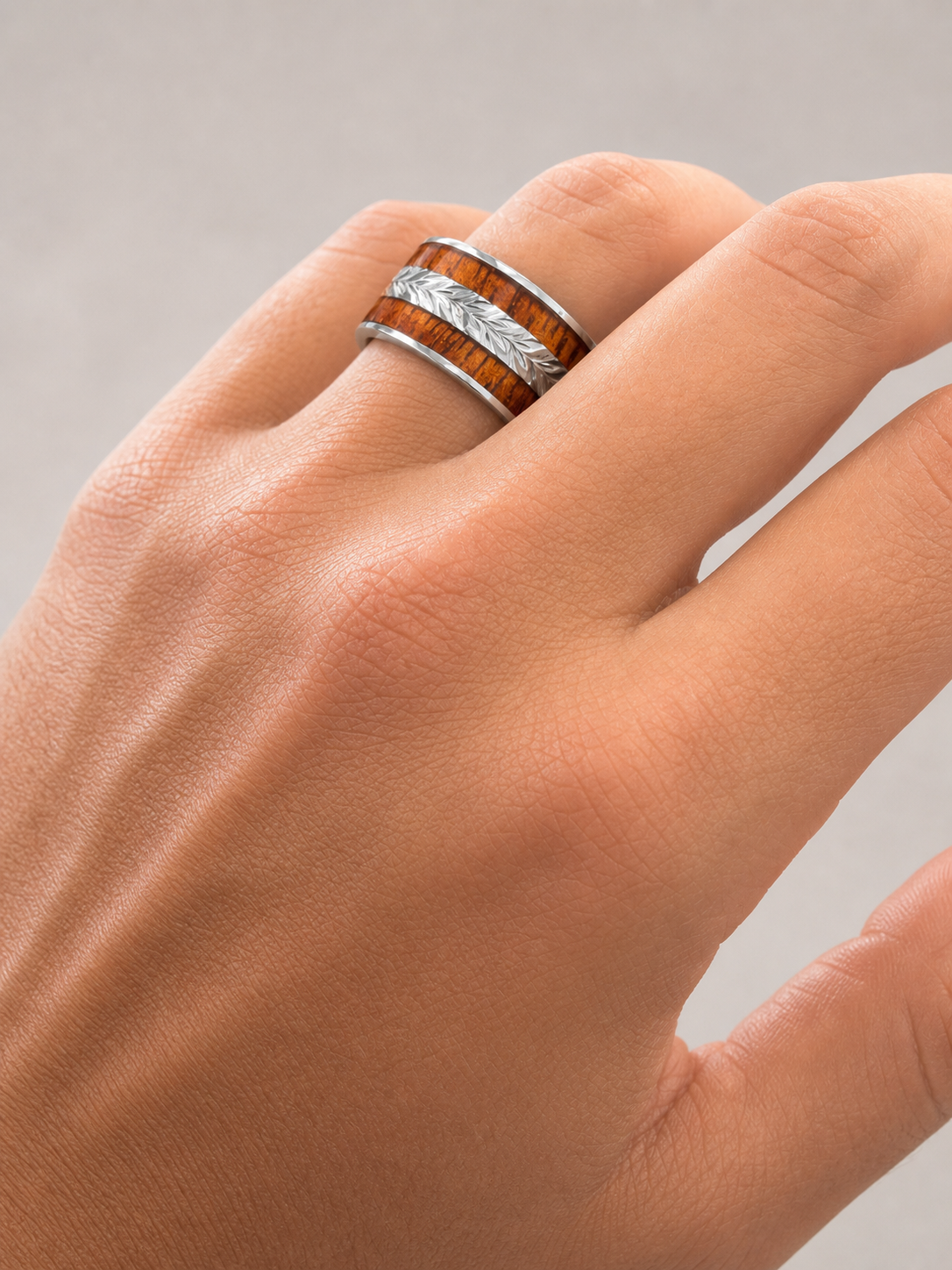 Titanium Maile Chevron Ring [12mm width] Hawai'i Koa Wood