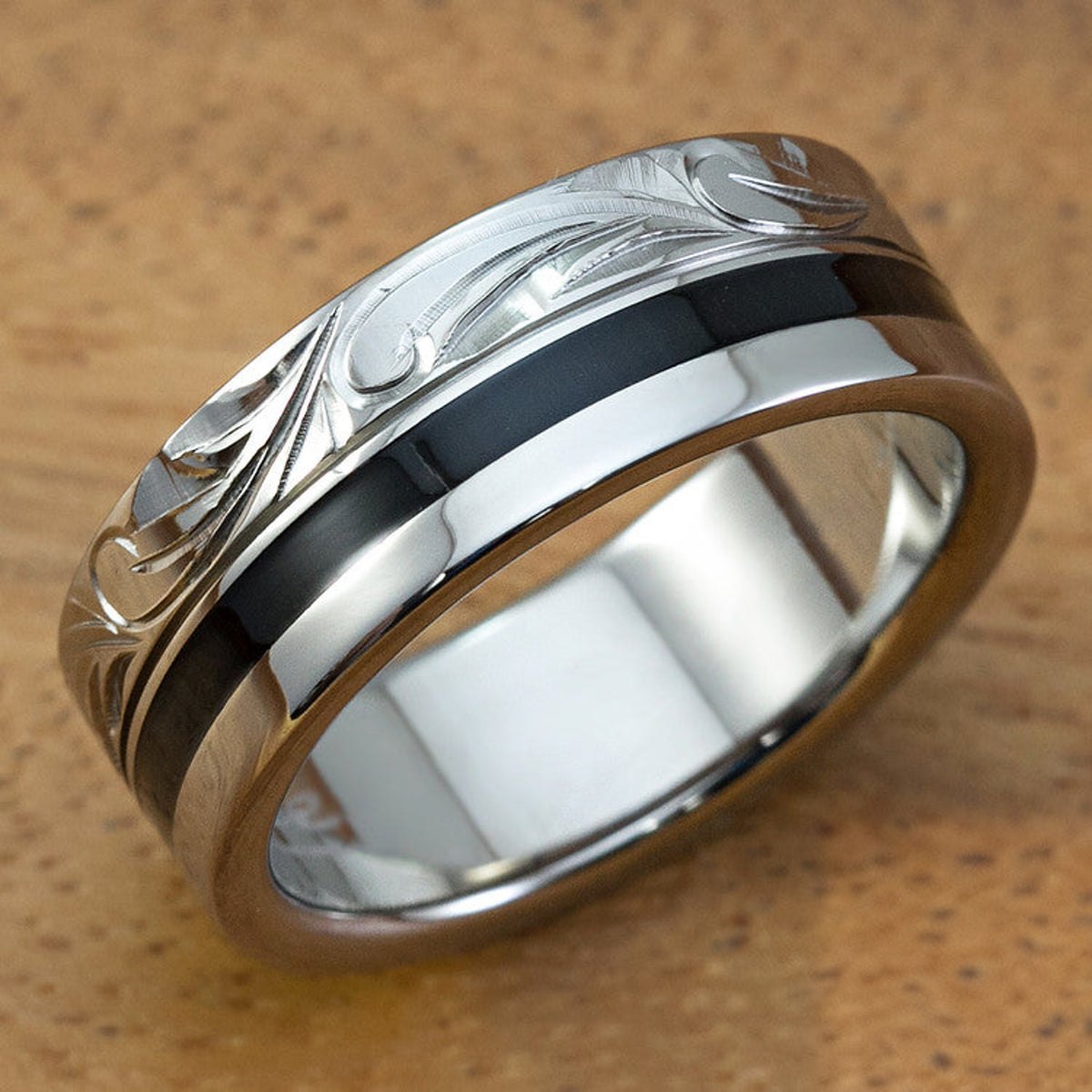 Black Ebony Titanium Hand Engraved Scroll Pattern - 10mm, Flat Shape, Standard Fitment