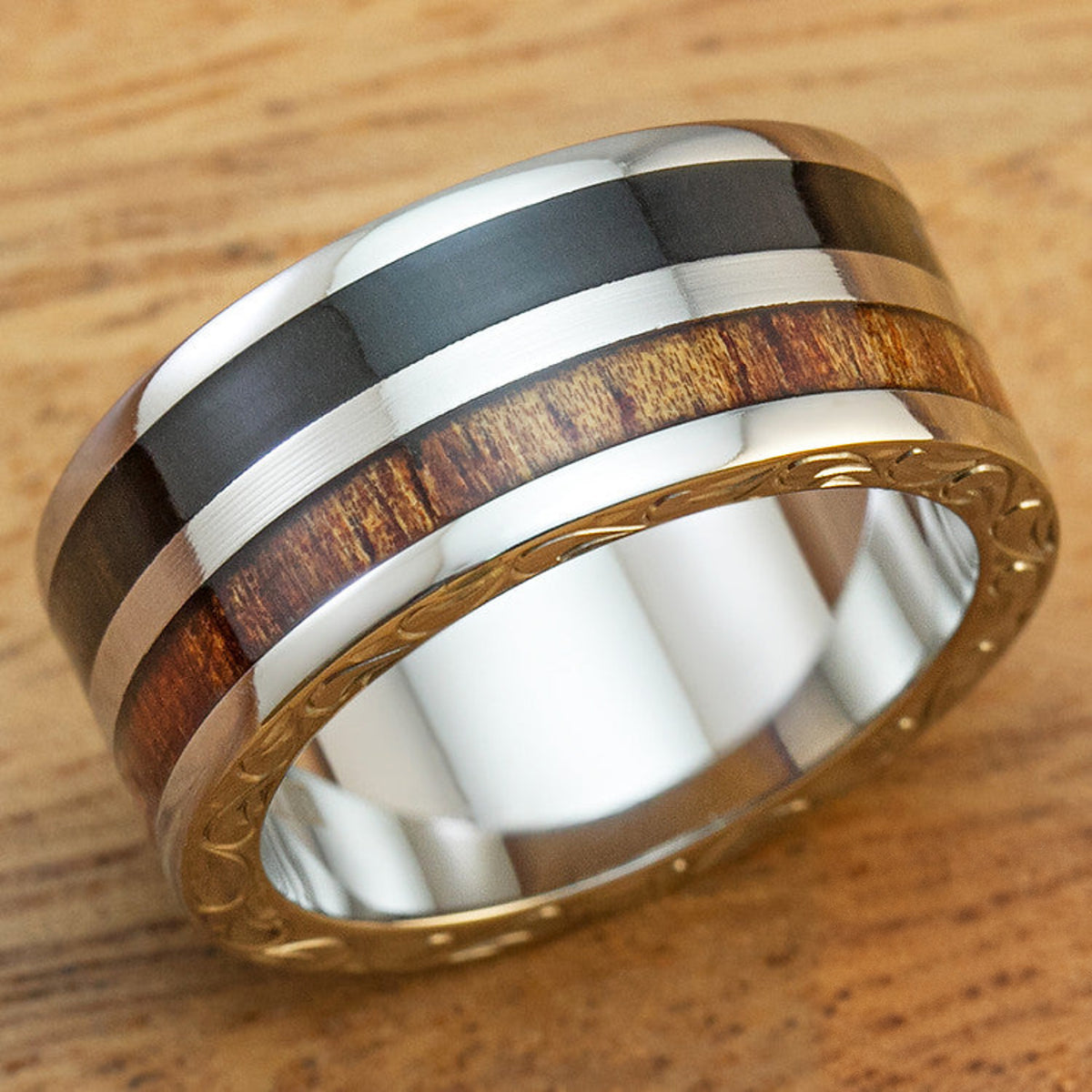 Men's Titanium Hand Engraved Scroll Pattern Ring with Hawaiian Koa and Ebony Gabon Wood Inlay - 10mm, Flat Shape, Standard Fitment