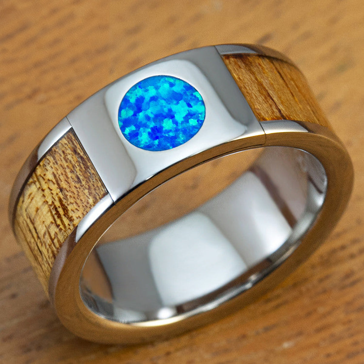 Titanium 8mm Ring with Round Blue Opal and Hawaiian Koa Wood Inlay