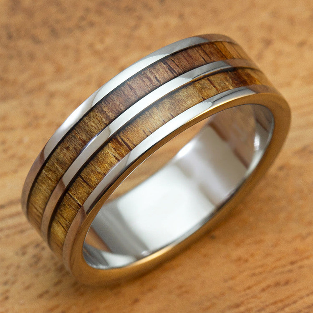 Titanium Ring with Hawaiian Koa Wood Duo Inlay [8mm width]  Flat Shape, Standard Fitment