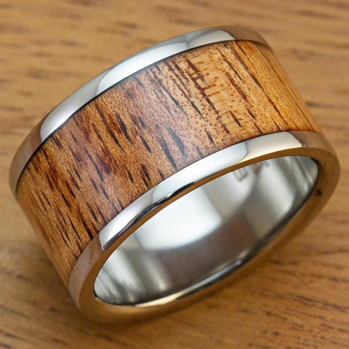 Titanium Ring with Hawaiian Koa Wood Inlay - 12mm, Flat Shape, Standard Fitment
