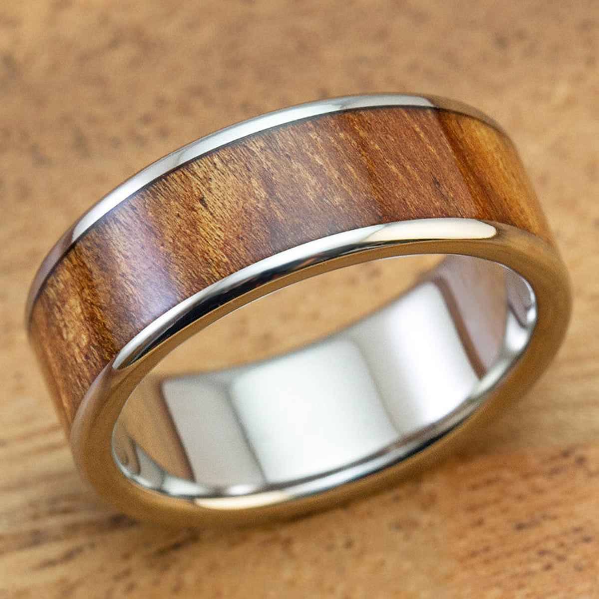Titanium Ring with Hawaiian Koa Wood Inlay - 8mm, Flat Shape, Standard Fitment
