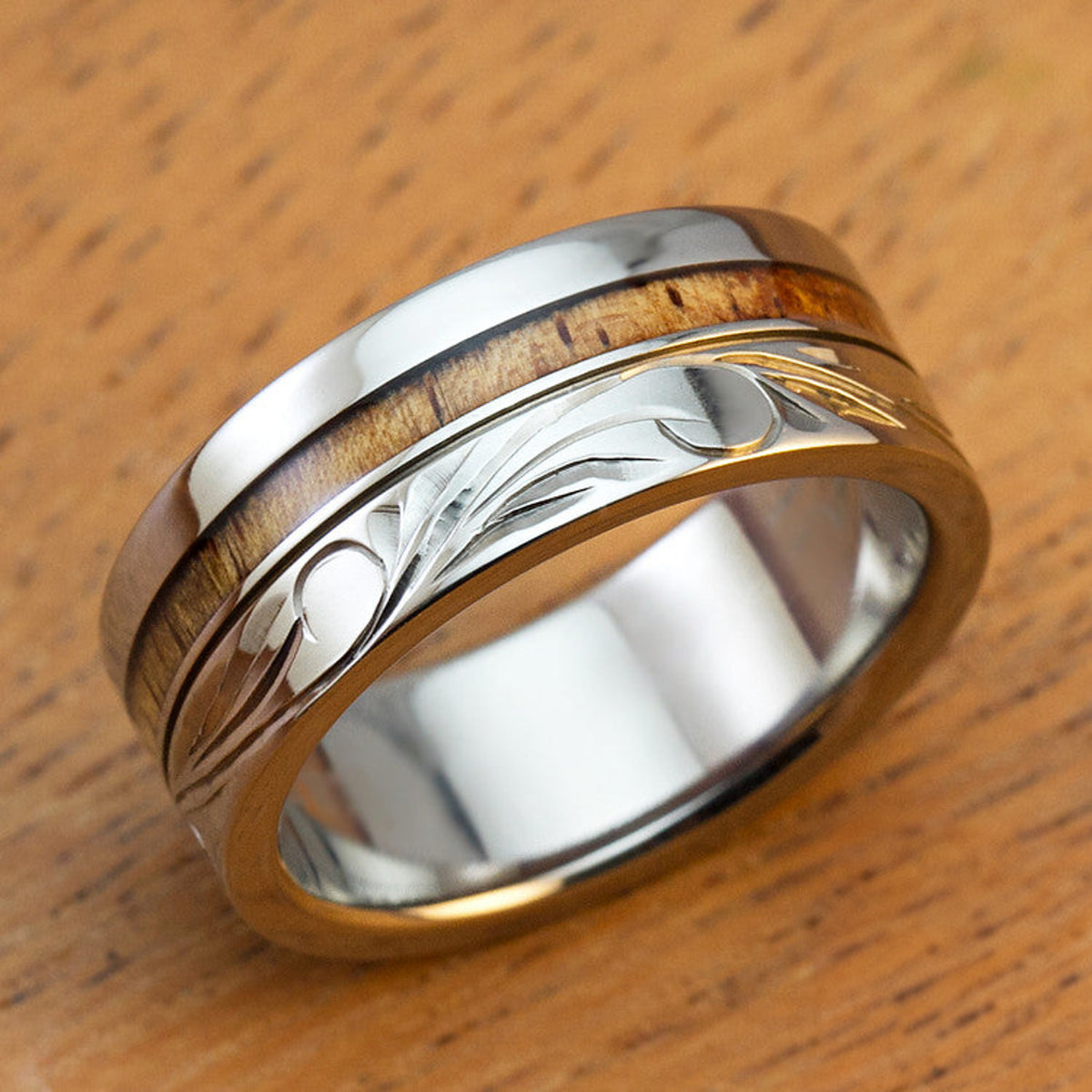 Titanium Ring with Hawaiian Koa Wood Inlay Hand Engraved with Hawaiian Heritage Design - 8mm, Standard Fitment, Flat Shaped