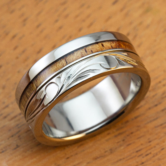 Titanium Ring with Hawaiian Koa Wood Inlay Hand Engraved with Hawaiian Heritage Design - 8mm, Standard Fitment, Flat Shaped
