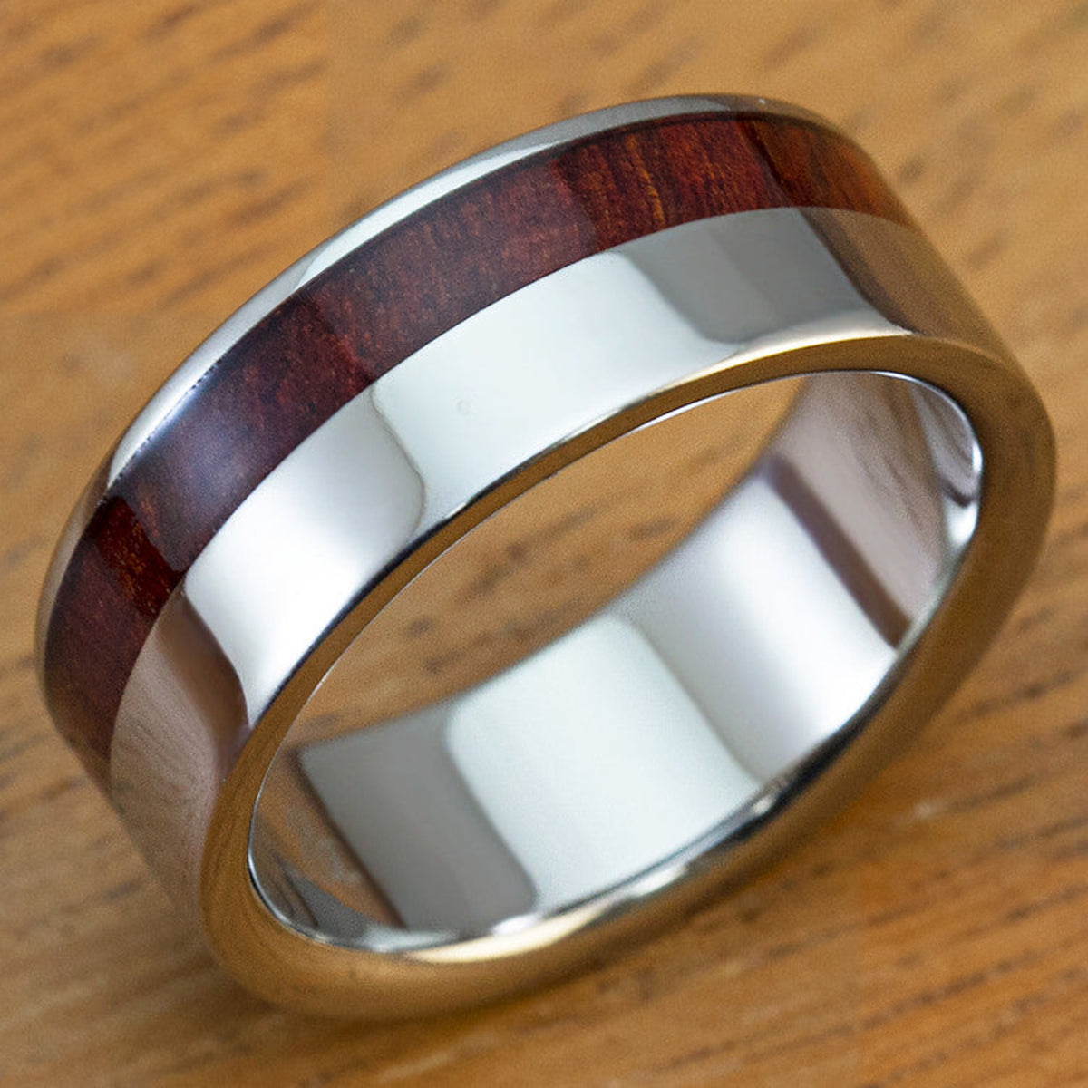 Titanium GR5 Ring [8mm] Offset Koa Wood Inlay Flat Shape, Comfort Fitment