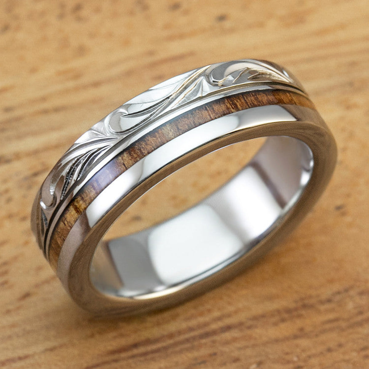 Titanium Ring with Koa Wood Inlay Hand Engraved with Hawaiian Heritage Design - 6mm, Flat Shape, Standard Fitment