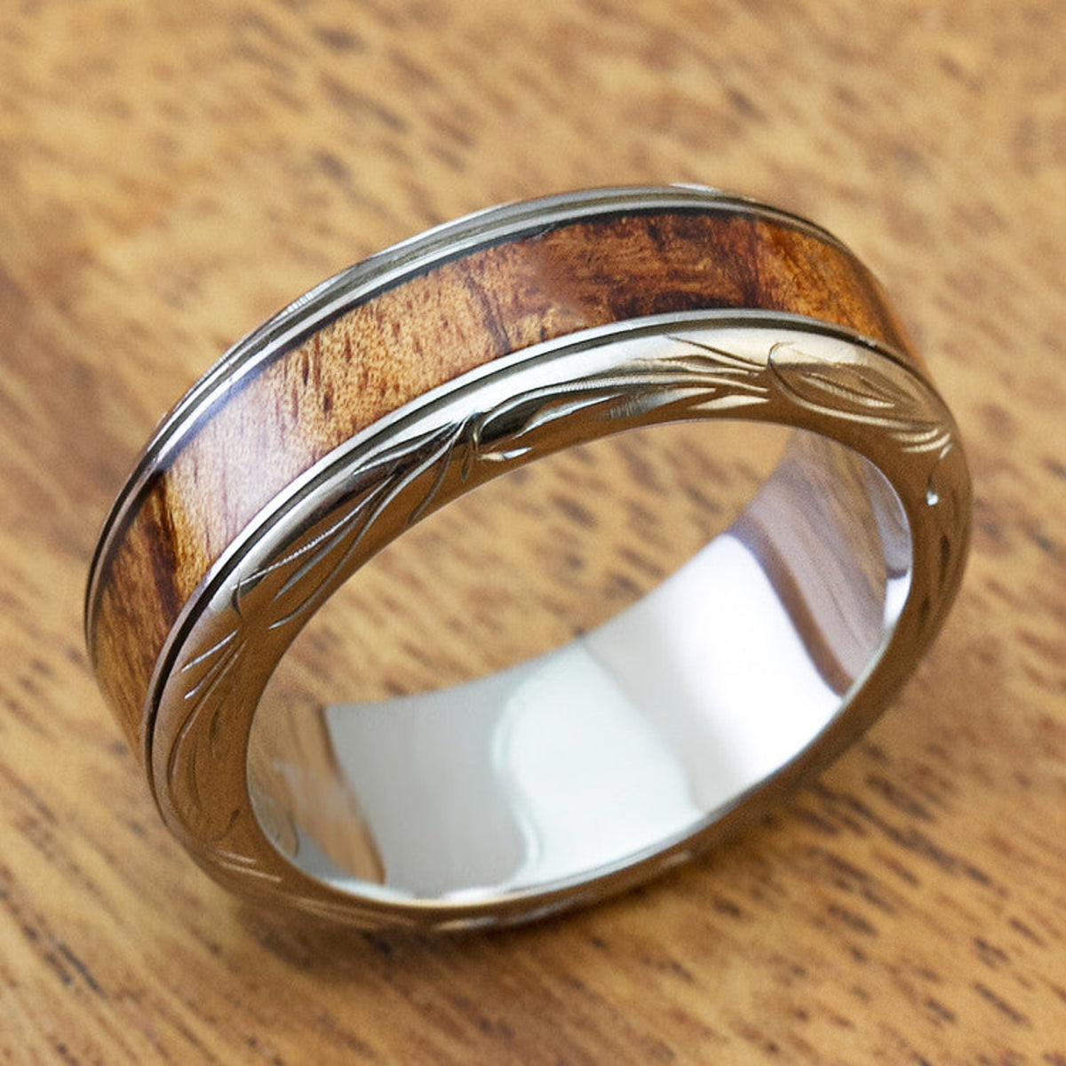 Titanium Ring with Koa Wood Inlay Hand Engraved with Hawaiian Heritage Design - 8mm, Dome Shape, Standard Fitment