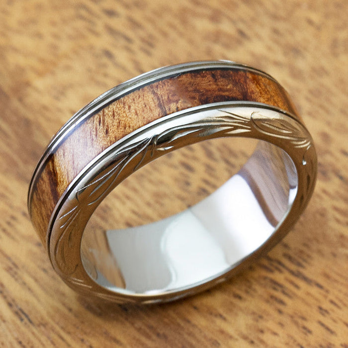 Titanium Ring with Koa Wood Inlay Hand Engraved with Hawaiian Heritage Design - 8mm, Dome Shape, Standard Fitment
