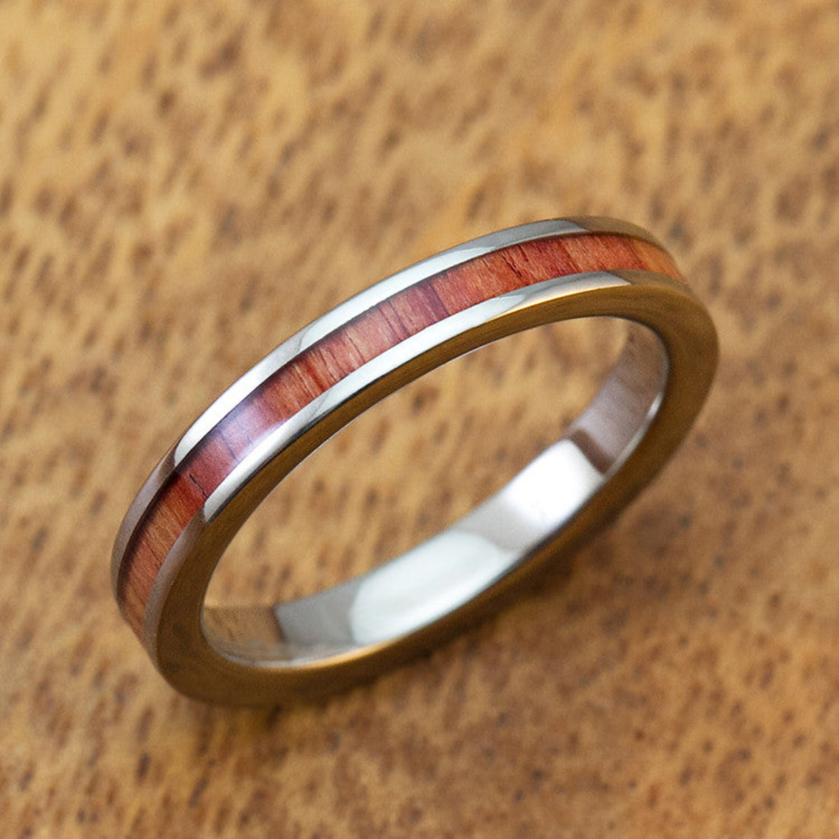 Titanium Ring with Tulip Wood Inlay [3mm width] Flat Shape, Standard Fitment