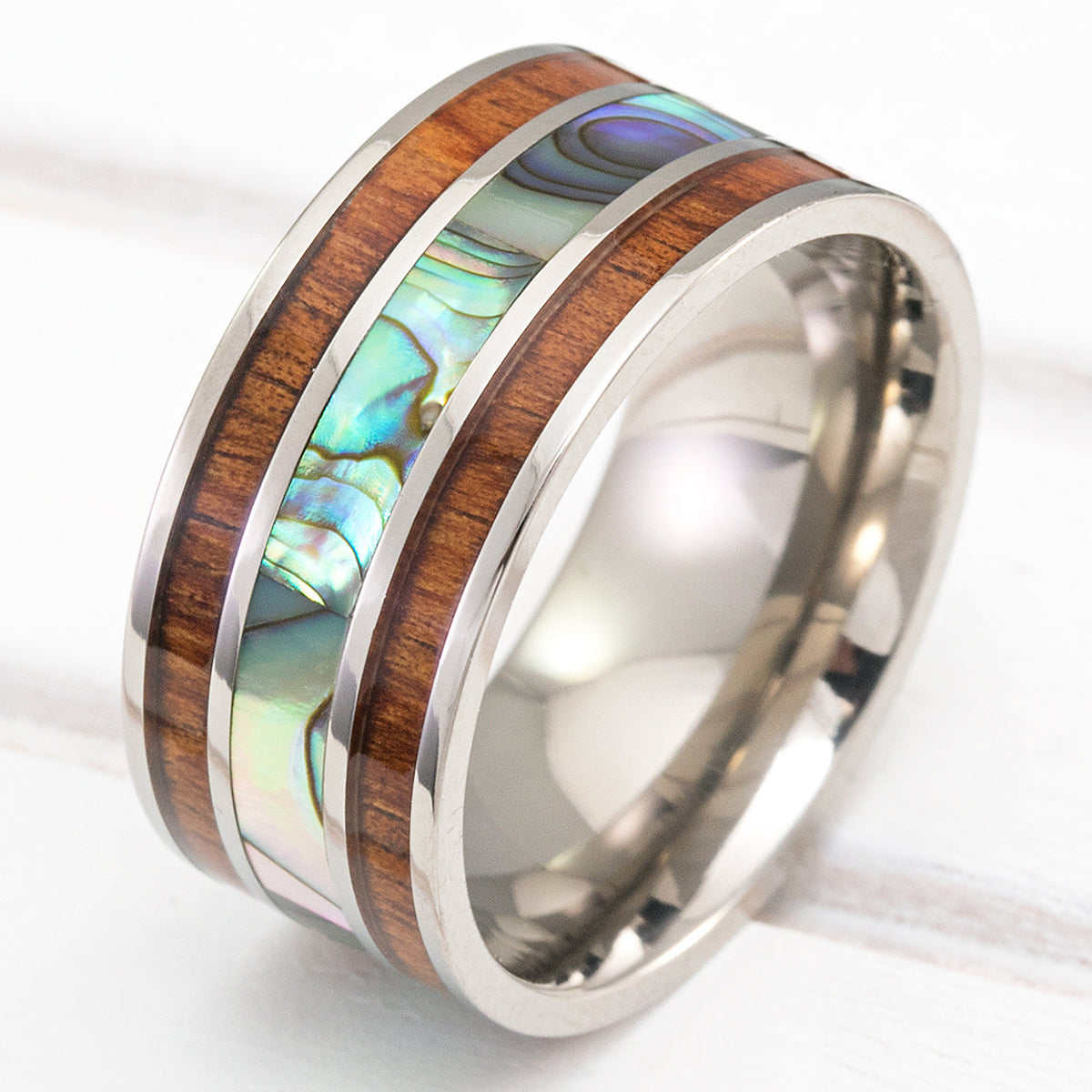 Titanium Ring with Abalone Shell and Hawaiian Koa Wood Tri Inlay - 10mm, Flat Shape, Comfort Fitment