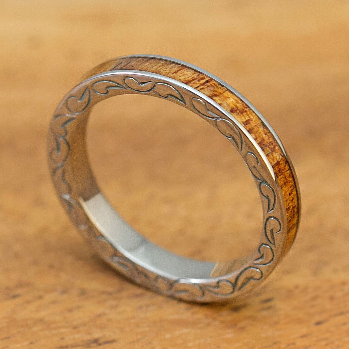Titanium 3mm Hand Engraved Side Scroll Ring with Koa Wood Inlay, Standard Fitment, Flat Style